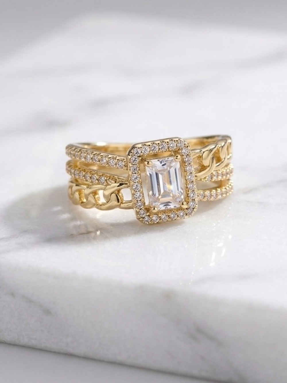 14K Gold Plated Emerald Cut CZ Halo Ring | Cuban Chain Multi-Layer Pave Ring